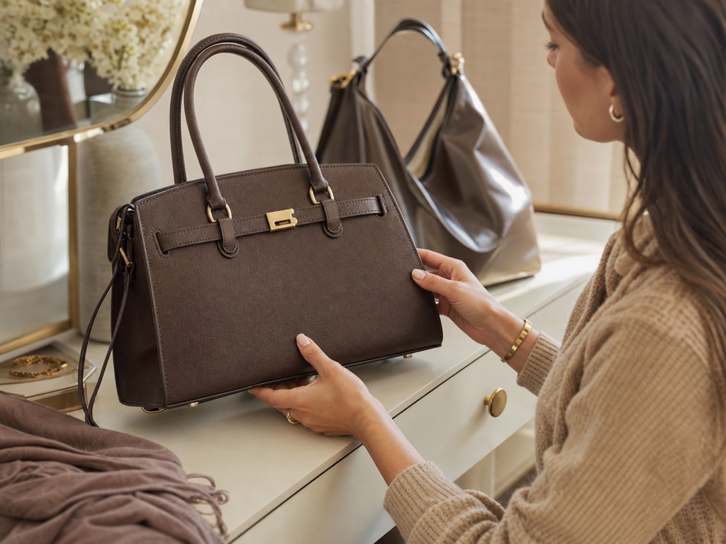 Woman inspects the structure and hardware of an elegant unbranded brown handbag