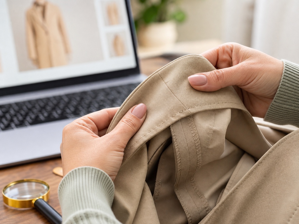 Mãos examinando de perto as costuras e o acabamento interno de uma peça de roupa bege