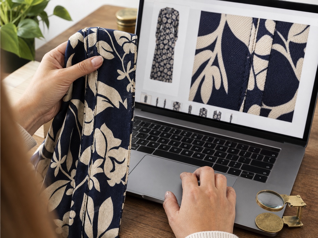 Shopper compares aligned garment seams with enlarged product photos on a laptop