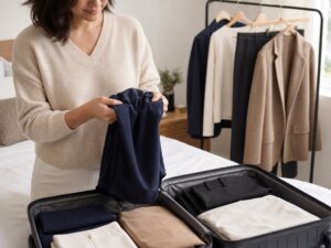 Woman tests a smooth wrinkle-resistant navy fabric beside a travel capsule wardrobe